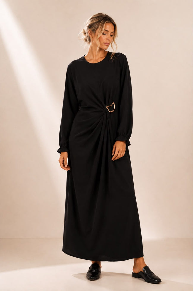 Jasmine Black Maxi Dress with Gold Buckle – Modern Elegance